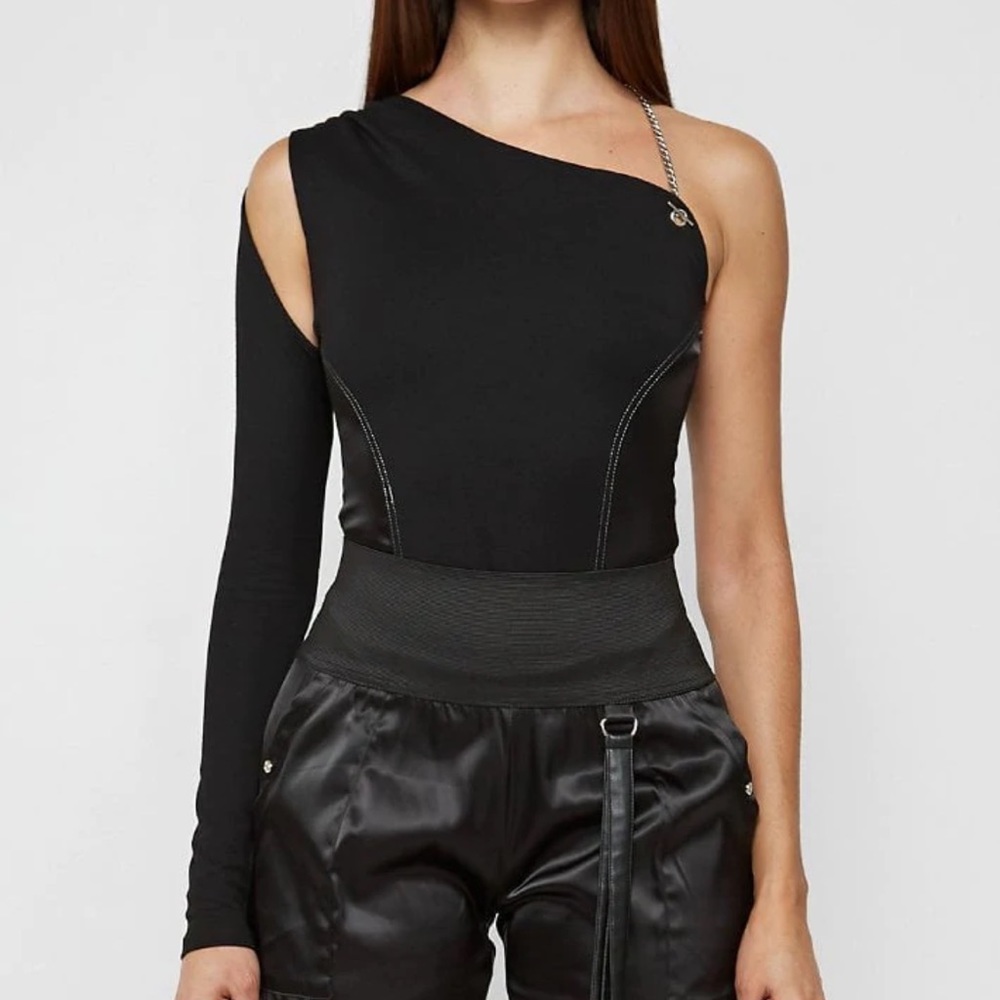 ONE SLEEVE HALTERNECK BODYSUIT - BLACK